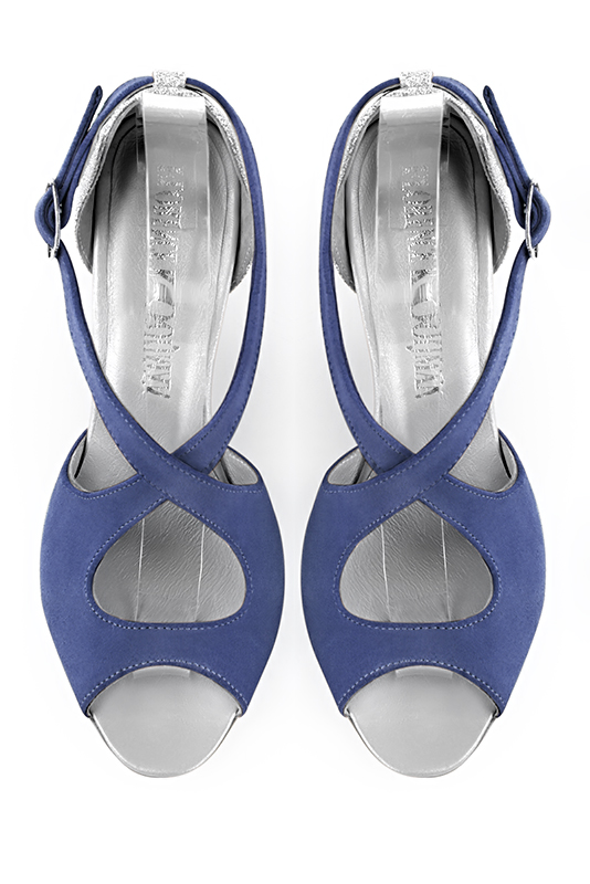 Prussian blue and light silver women's closed back sandals, with crossed straps. Round toe. High kitten heels. Top view - Florence KOOIJMAN